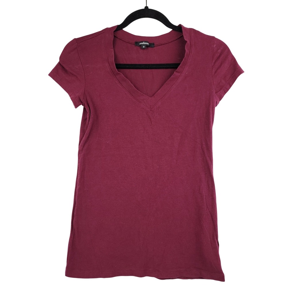 Ambiance Womens Burgundy V-Neck Short Sleeve T-Shirt Size M